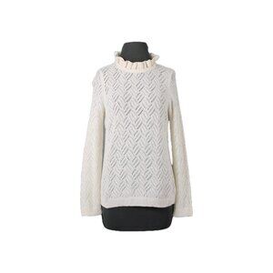 Talbots $99 Sweater Sz M Petite Ivory Open Weave Ruffle Neck Cotton Blnd Sweater